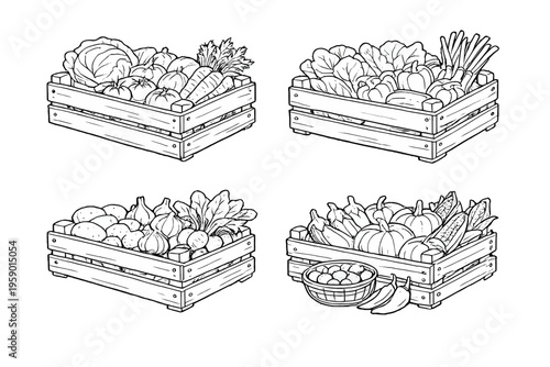 A collection of hand-drawn wooden crates filled with various fruits and vegetables in black and white outline style, suitable for organic market design