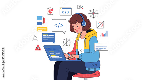 Female Developer Coding Software on Laptop with Technology Icons - Web Development and Programming Illustration