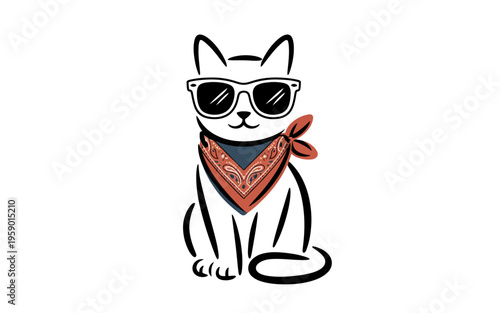 Cat sunglasses bandana minimal brush sketch vector illustration
