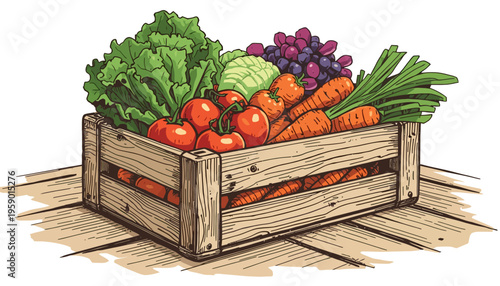 A collection of hand-drawn wooden crates filled with various fruits and vegetables in black and white outline style, suitable for organic market design