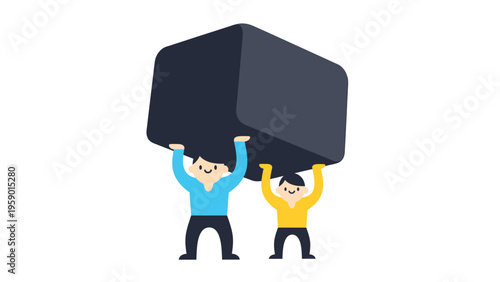 Teamwork concept: Cartoon characters lifting a heavy block together, illustrating collaboration and shared effort