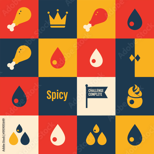 Minimalist Geometric Food Wrap Pattern with Fried Chicken Drumstick and Spicy Chili Drop Icons in Swiss Design Style for Fast Food Branding