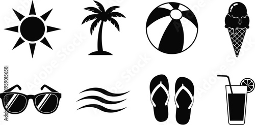 Summer vacation icons set with sun, palm tree, beach ball, ice cream, sunglasses, flip flops and drink, tropical holiday silhouette collection isolated on white background