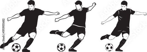 Man soccer player vector silhouettes on white background isolated. Silhouette of a man kicking soccer ball, vector illustration.