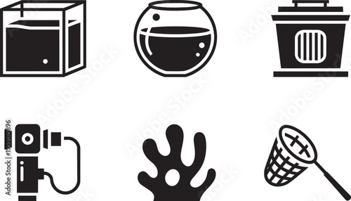 Aquarium Icons Set With Tank, Fishbowl, Filter, Net And Plant