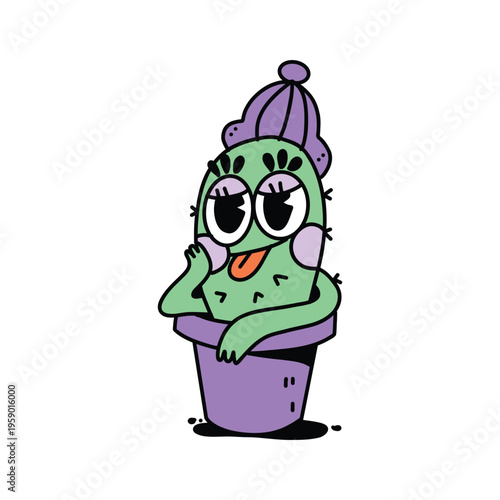 A hand drawn character sits in a purple pot wearing a hat.