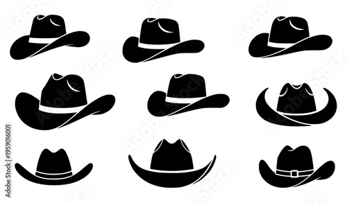 Minimal cowboy hat silhouette set in black and white with modern western flat vector design