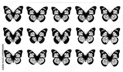 Photocopy butterfly set with grunge grain texture in monochrome retro collage style vector