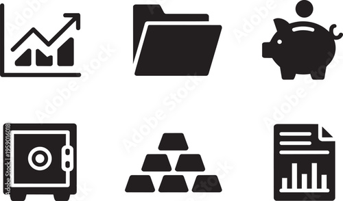 Finance And Business Icons: Stock Graph, Folder, Piggy Bank, Safe, Gold Bars, Report