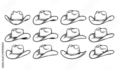 Hand drawn cowboy hat outline set in black and white with western retro style vector collection