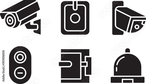 Security And Surveillance Icon Set: Camera, Doorbell, Lock, Alarm Bell