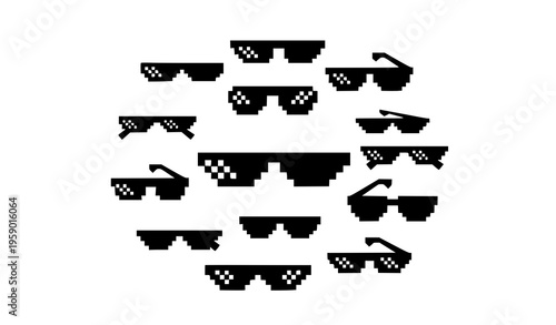 Geometric pixel sunglasses set with gangster style 8 bit black glasses for modern meme design