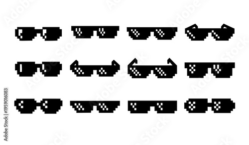 Pixel boss sunglasses set in 8 bit style with black gangster glasses for meme and gaming design