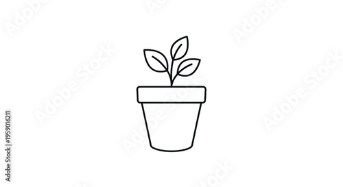 Simple Line Art Icon of a Young Plant Growing in a Pot, Symbolizing Growth and New Beginnings