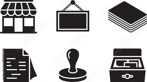 Set Of Six Dark Solid Business Icons Including Store, Document, Stamp, And Cash Register