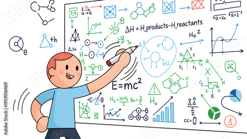 Energetic cartoon student solving science and math problems on a whiteboard, illustrating physics, chemistry, and education concepts