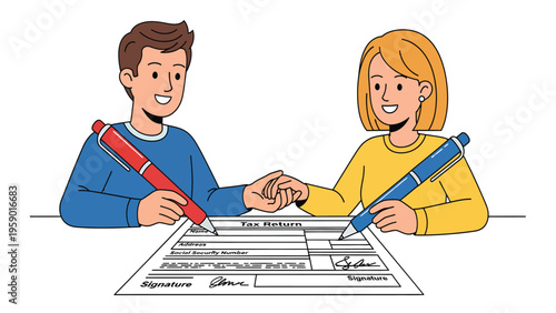 Smiling couple signing tax return document, symbolizing shared financial responsibility and partnership