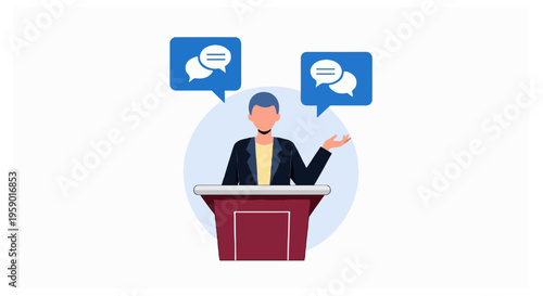 A person with blue hair stands at a maroon podium and gestures with one hand while two blue speech bubbles float above them.