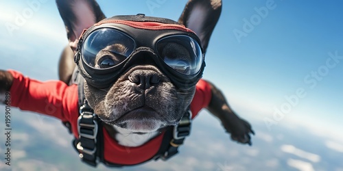 French bulldog in red flight suit and goggles skydiving flying