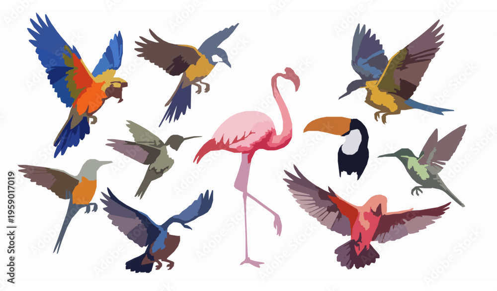 Fototapeta premium Colorful watercolor flying birds set with tropical and exotic species in dynamic artistic composition
