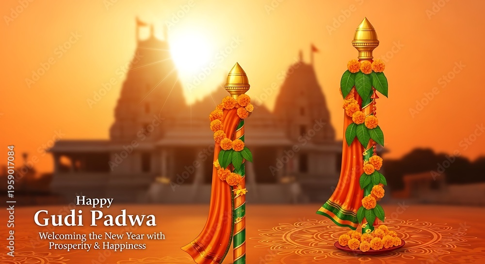Fototapeta premium Gudi Padwa Celebration With Temple Background