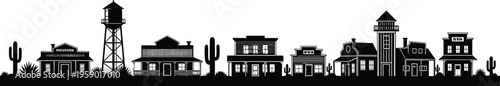 Wild west town silhouette panorama with vintage buildings, water tower, and cacti, western frontier architecture illustration, desert landscape design isolated on white background