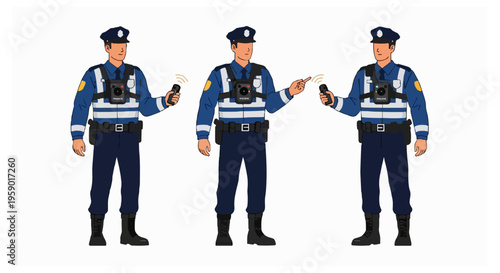 Three police officers in blue uniforms and caps stand in a row wearing body cameras and using handheld communication devices on a white background.