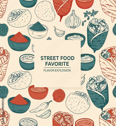 Seamless Pattern of Linocut Food Illustration with Pizza Burger and Fries for Artisan Food Wrap Paper and Rustic Restaurant Branding