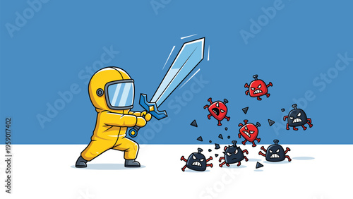 Protective Hazmat Suit Character Battles Viruses with Sword - Health, Immunity & Disease Prevention