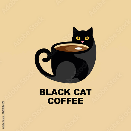 A whimsical design featuring a black cat peering out from inside a coffee cup, perfect for coffee shops or brands targeting cat lovers and coffee enthusiasts.