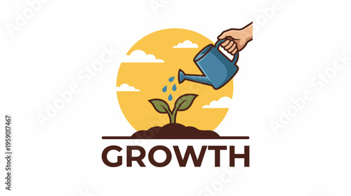 An illustration of watering a plant under a sunny sky, capturing the essence of nurturing growth, development, and the beauty of nature's cycles.