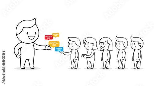 Smiling cartoon leader communicating ideas to a team, symbolizing information sharing, mentorship, and teamwork.