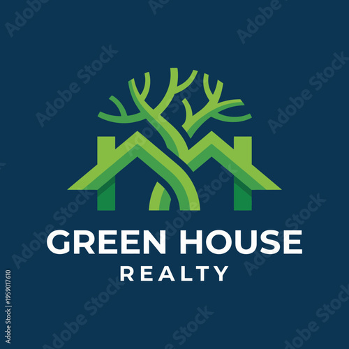 This Green House Realty logo features two stylized homes intertwined with tree branches, symbolizing sustainability and commitment to eco-friendly housing solutions in real estate.