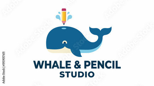 A playful logo showcasing a whale with a pencil, designed to represent creativity and imagination, ideal for a fun and engaging art or design studio.