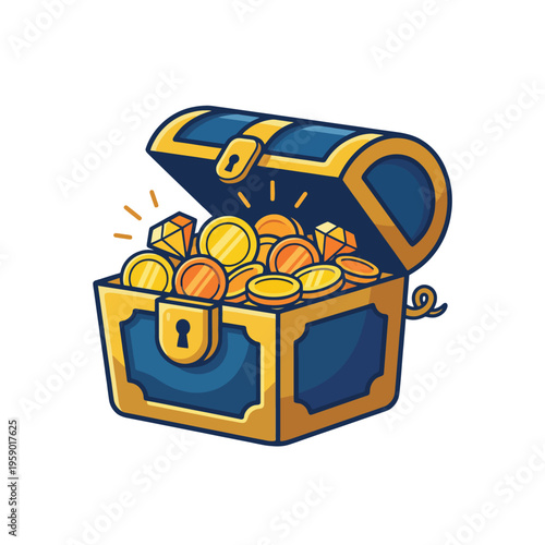 An eye-catching illustration of an open treasure chest overflowing with gold coins and gems, symbolizing riches, adventure, and exciting discoveries in a playful style.