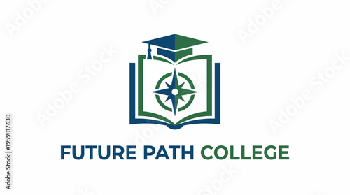 A modern logo showcasing an open book with a compass and graduation cap, symbolizing education, guidance, and the journey toward a successful future.