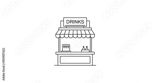 Simple Line Art Icon of a Drinks Stand with Canopy and Sign