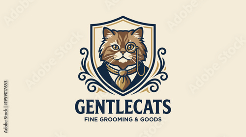 A classy logo design featuring a groomed cat with a monocle, promoting premium grooming services and high-quality products for fashionable pet lovers.