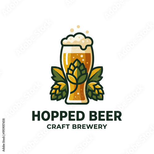 An eye-catching illustration of a frothy beer glass adorned with hops and leaves, embodying the spirit of a craft brewery with unique flavors and artisanal quality.