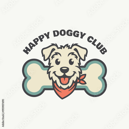 A cheerful and enticing logo for Happy Doggy Club featuring a playful dog face and a bone design, aiming to attract dog lovers and pet enthusiasts alike.
