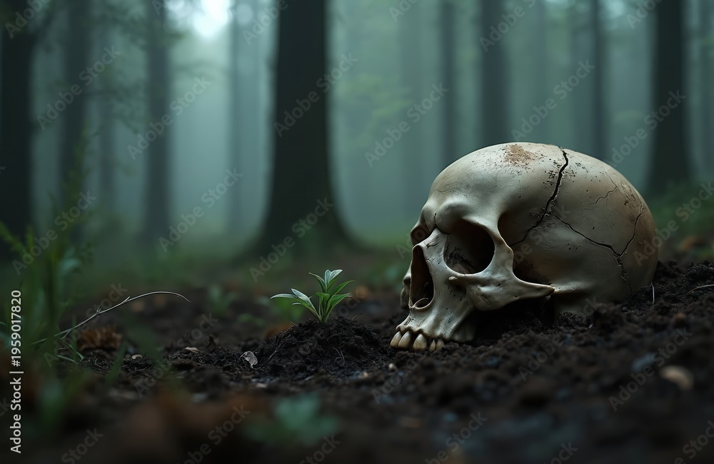 Obraz premium Human skull rests in damp forest soil next to sprouting green plant. Mist hangs in the air between dark tree trunks, symbolizing death and new life. This imagery can represent cycle of nature rebirth.