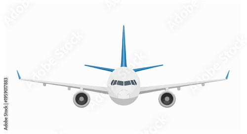 A white commercial airplane with blue tail and wingtip accents is shown from a direct front perspective against a plain white background.