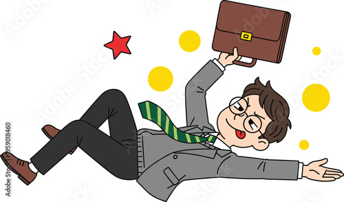 Funny cartoon businessman falling with briefcase, clumsy office worker character illustration, humorous business situation design isolated on white background