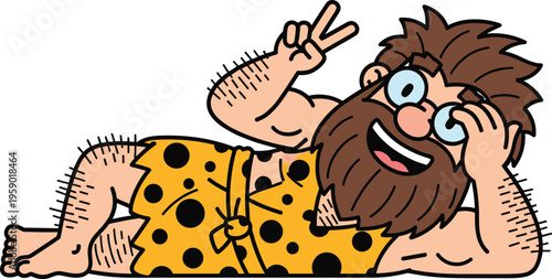 Funny cartoon caveman character lying relaxed with glasses and peace sign, prehistoric man illustration, playful stone age mascot isolated on white background