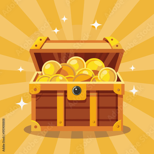 Treasure chest overflowing with gold coins on sunny background