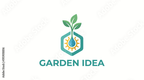 This logo features a sprouting plant inside a hexagon, illustrating innovative gardening concepts with elements of nature and growth presenting sustainability and eco-friendliness.