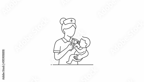 Nurse feeding baby with bottle, medical care, newborn health, illustration
