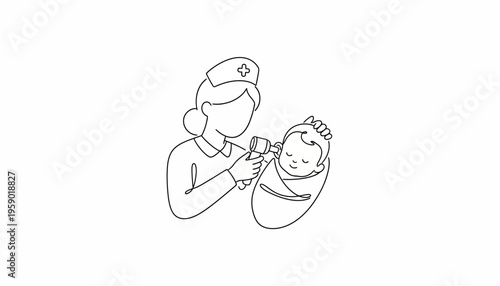 Nurse examines newborn baby with otoscope, medical checkup, healthcare, line art illustration
