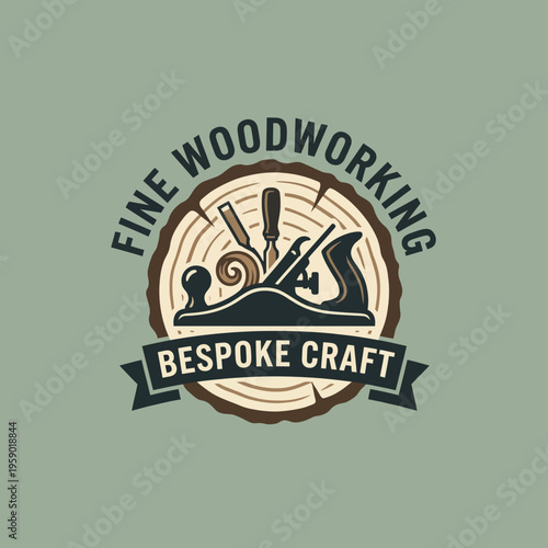 A logo representing fine woodworking featuring a stylized plane and tools against a tree trunk backdrop, signifying craftsmanship and bespoke design in the woodworking industry.