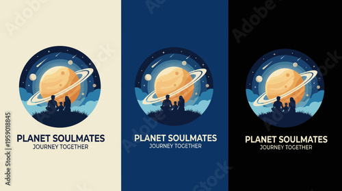An imaginative logo featuring a planetary scene with two silhouettes against a cosmic backdrop, symbolizing deep connection and companionship among soulmates on a journey.